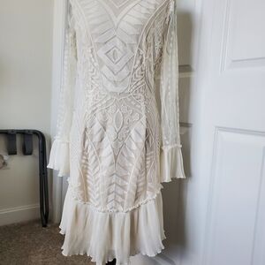 Simplee Apparel Cream Long Sleeve V-Neck Sundress